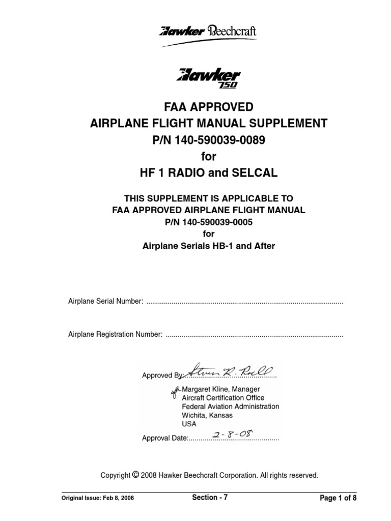 Faa approved airplane flight manual supplement p n 140 590039 0089 for