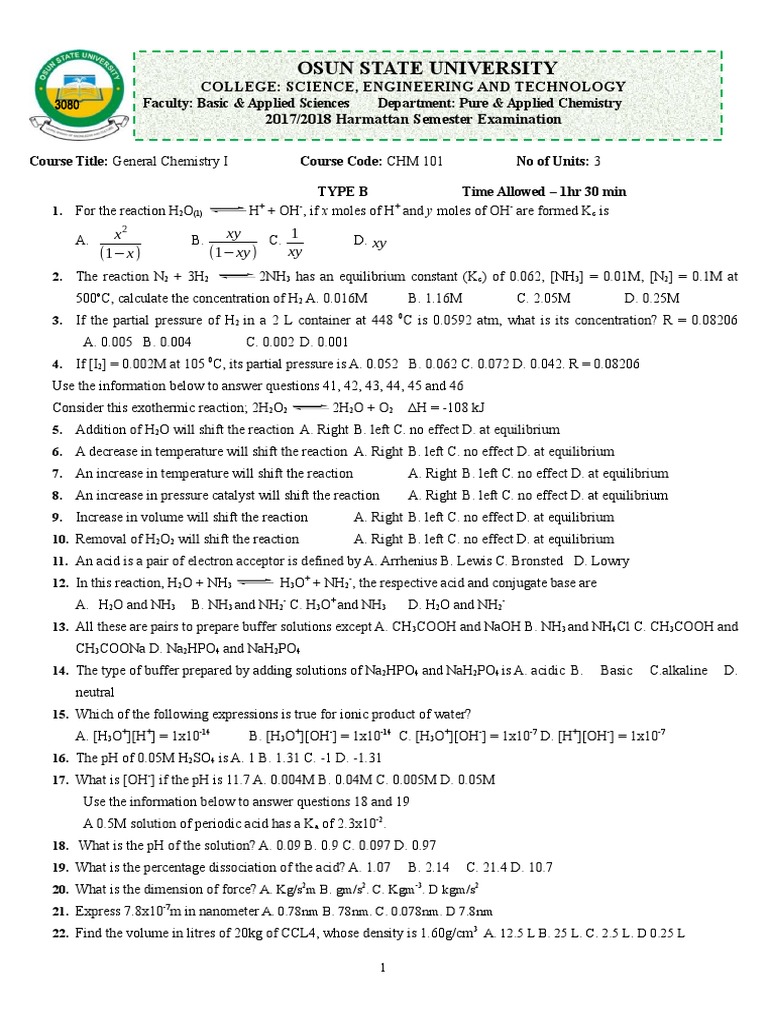 CHM 101 Past Exam Questions | PDF | Acid | Chemical Reactions
