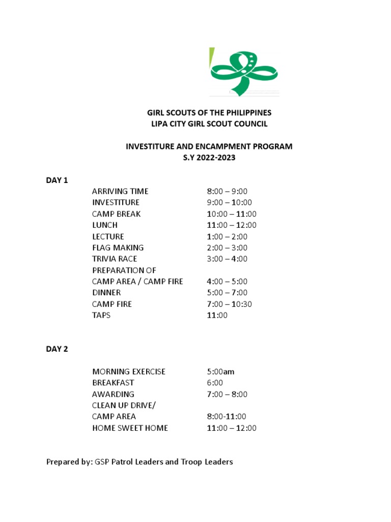 GSP Investiture & Encampment Schedule | PDF | Cooking, Food & Wine ...