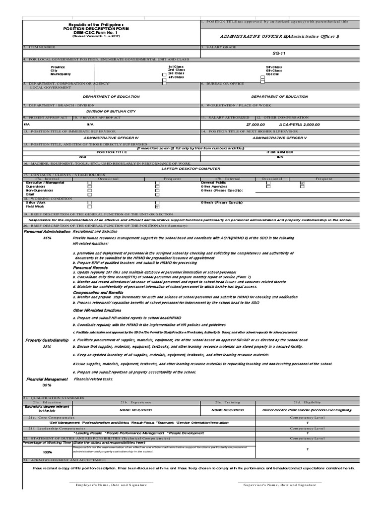 Republic of the philippines position description form dbm csc form no