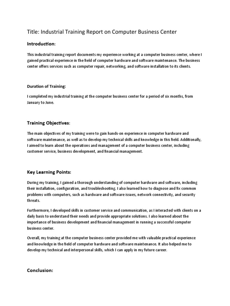 Computer Business Centre Industrial Training Report Sample PDF
