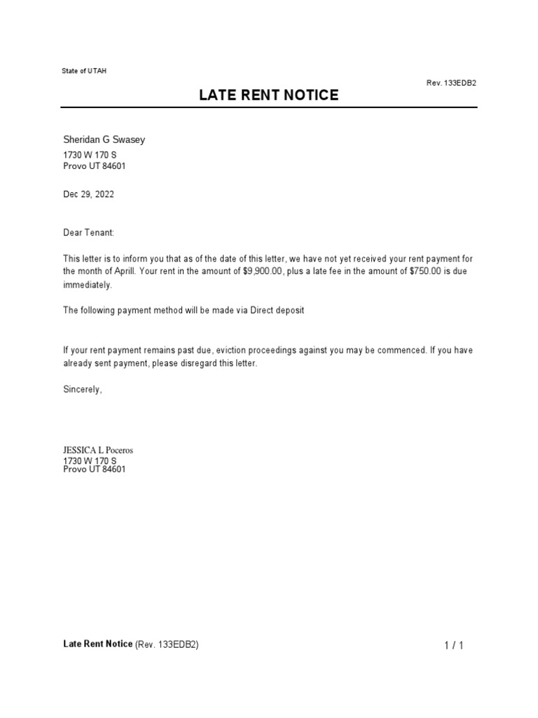 Utah Late Rent Payment Notice | PDF | Leasehold Estate | Eviction