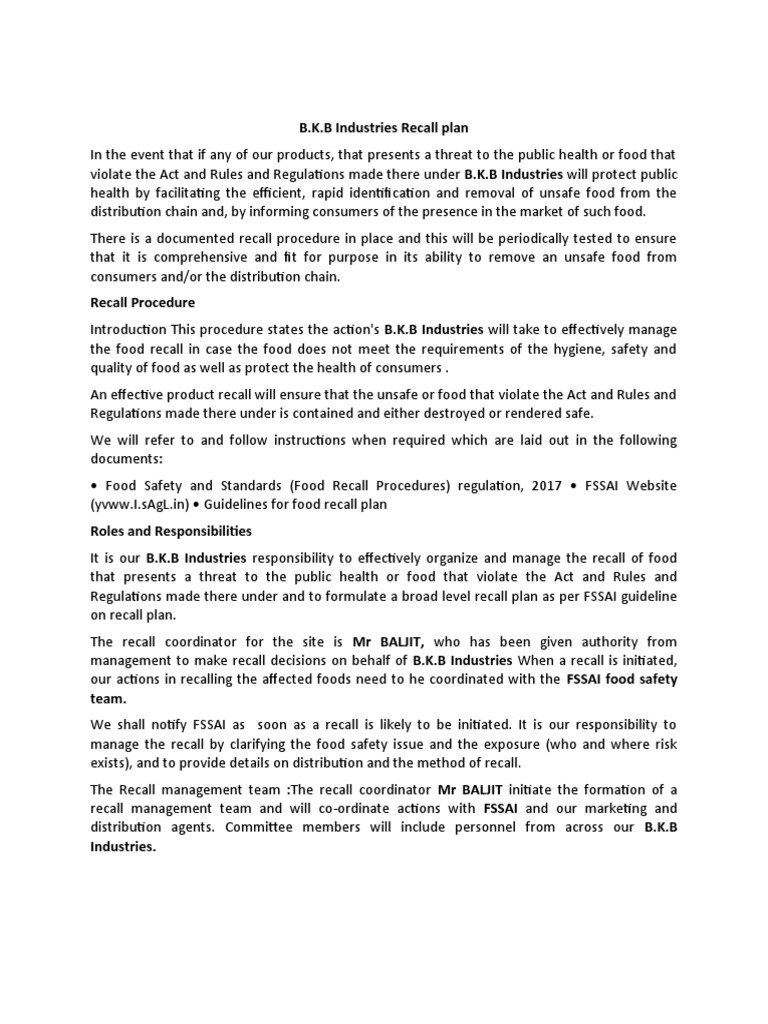 FSSAI-Compliant Recall Plan for B.K.B Industries | PDF | Food Safety ...