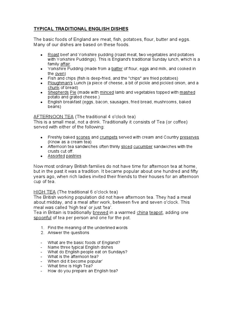 English Dishes Reading Comprehension Exercises Pdf