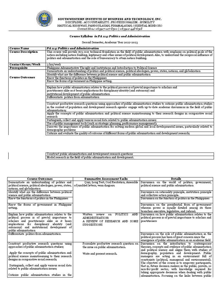Syllabus in pa 114 politics and administration download free pdf