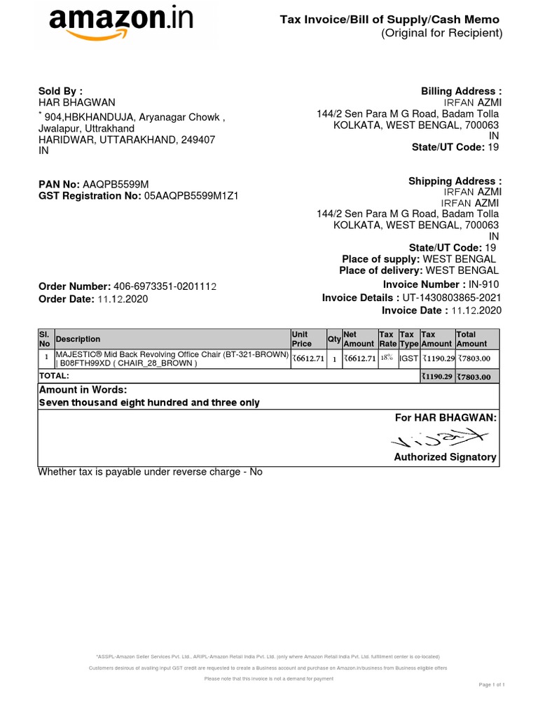 Chair Bill Amazon PDF Invoice Taxation