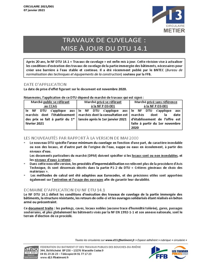Mise à jour du NF DTU 14.1 Cuvelage | PDF | Béton | Secteurs de l'économie