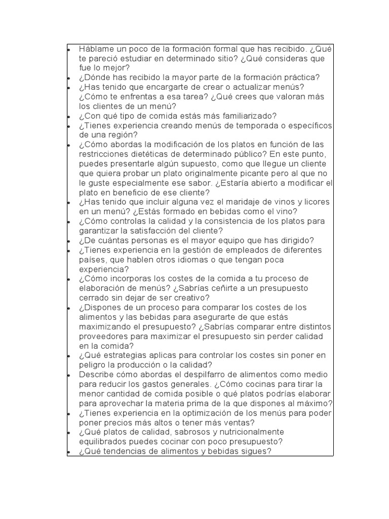 Preguntas entrevista pdf presupuesto alimentos