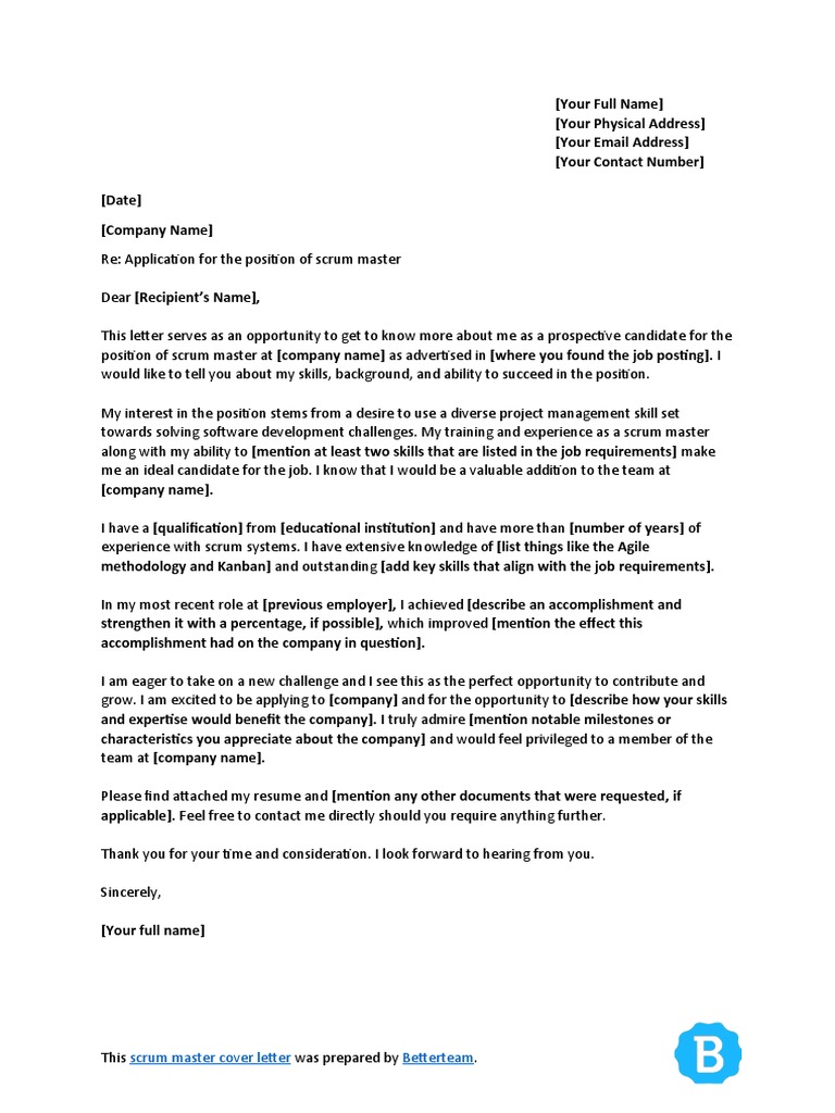 Scrum Master Cover Letter Template PDF