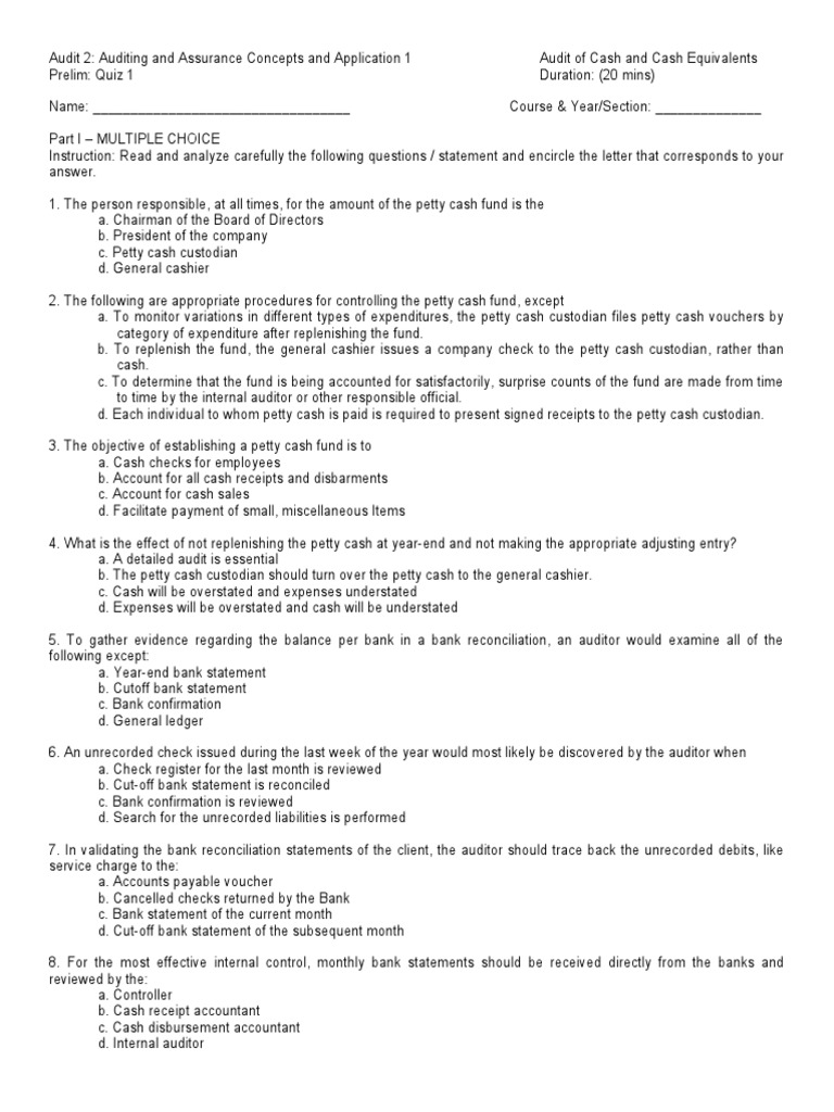 Audit 2-Prelim-Quiz 1 (1663899998) | PDF | Cheque | Banks