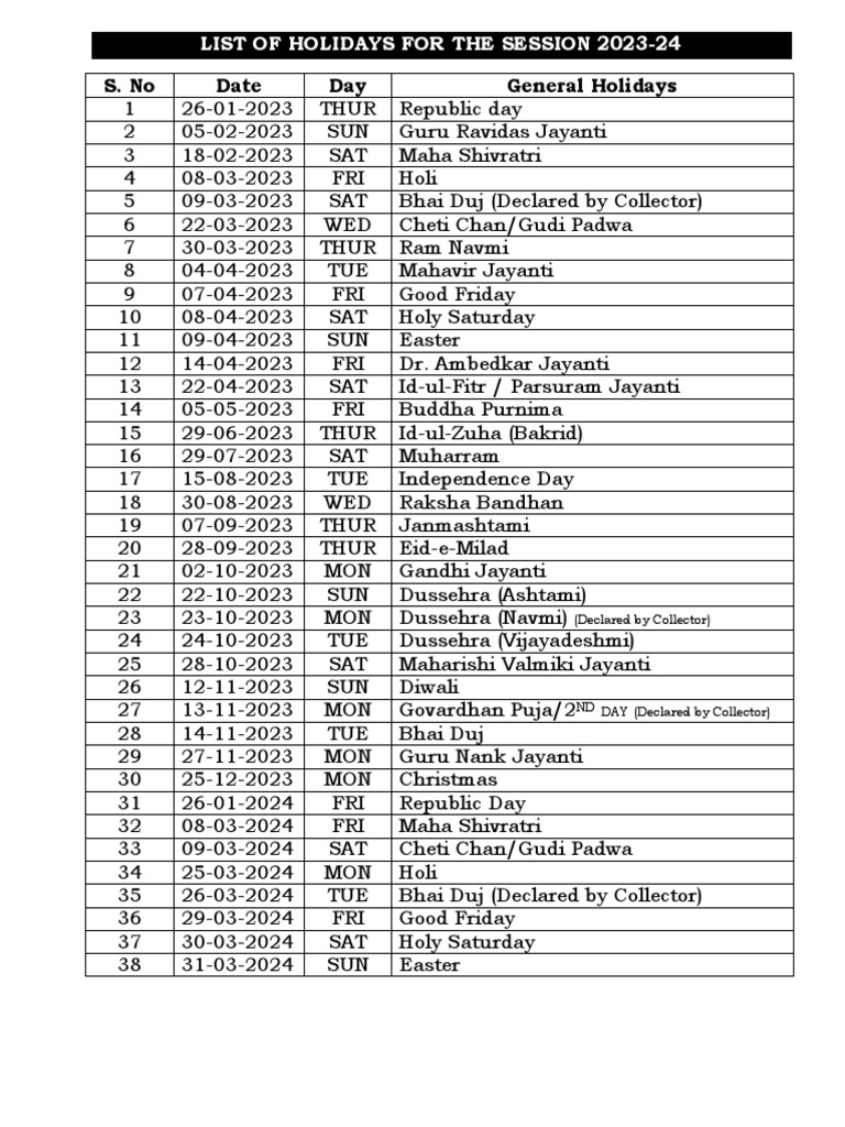 Holiday List 202324 PDF
