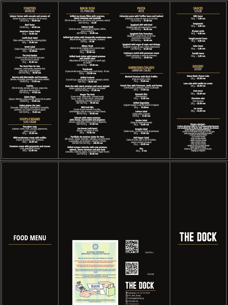 Meniu Food Restaurant The Dock Piata Unirii Bucuresti PDF Salad Sauce