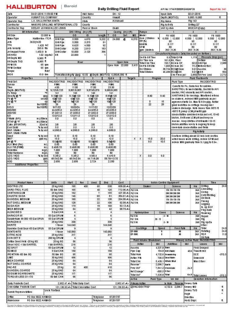 Daily Drilling Fluid Report Summary | PDF