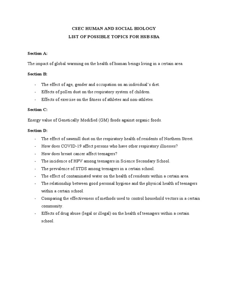 Csec Human and Social Biology Sba Topics PDF