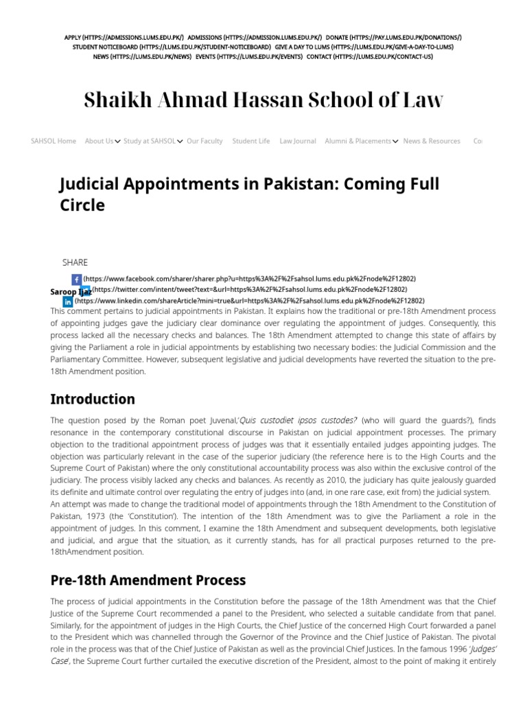 Judicial Appointments in Pakistan Coming Full Circle SAHSOL PDF