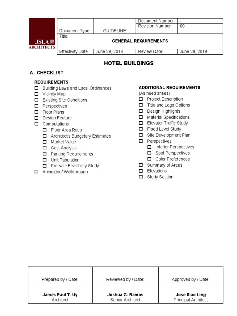 Hotel Building Requirements Checklist | PDF | Civil Engineering