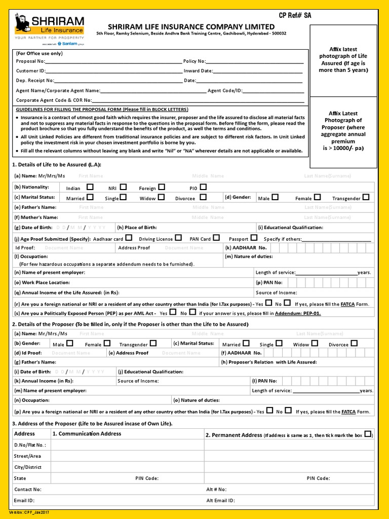 Shriram Health Proposal Form Guidelines | PDF | Insurance | Life Insurance
