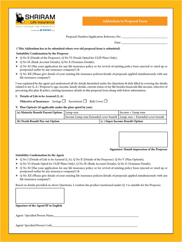 Addendum to Life Insurance Proposal | PDF | Life Insurance | Insurance