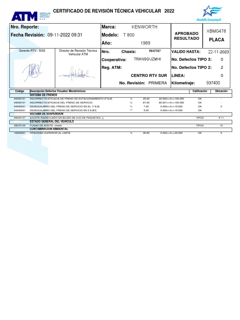 CERTIFICADO RTV KENWORTH T800 2022 | PDF | Partes de vehículo | Vehículos
