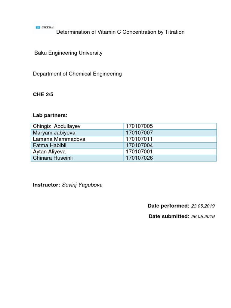 Determination of Vitamin C Concentration by Titration PDF Vitamin C