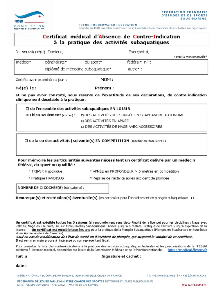 Certificat Medical FFESSM | PDF | Plongée en scaphandre autonome | Médecine