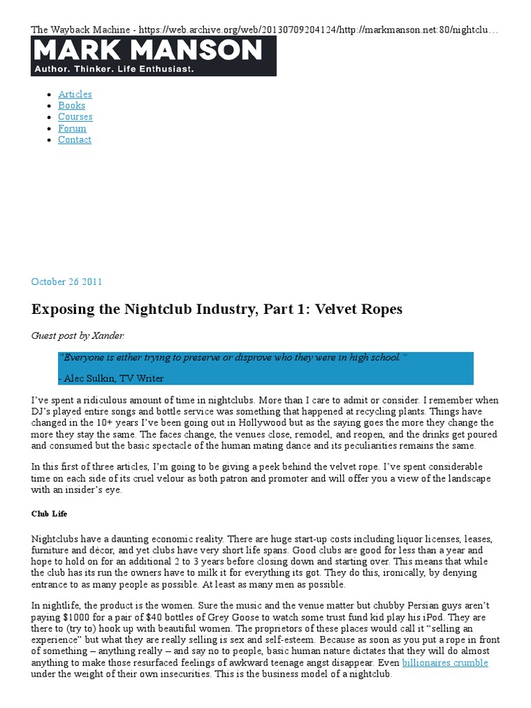 Exposing The Nightclub Industry, Part 1 - Velvet Ropes - Mark Manson ...