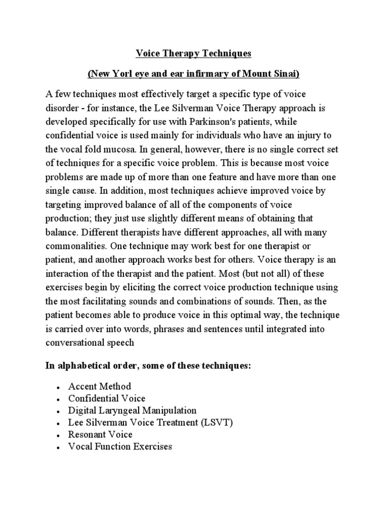 Voice Therapy Techniques | PDF | Human Voice | Larynx