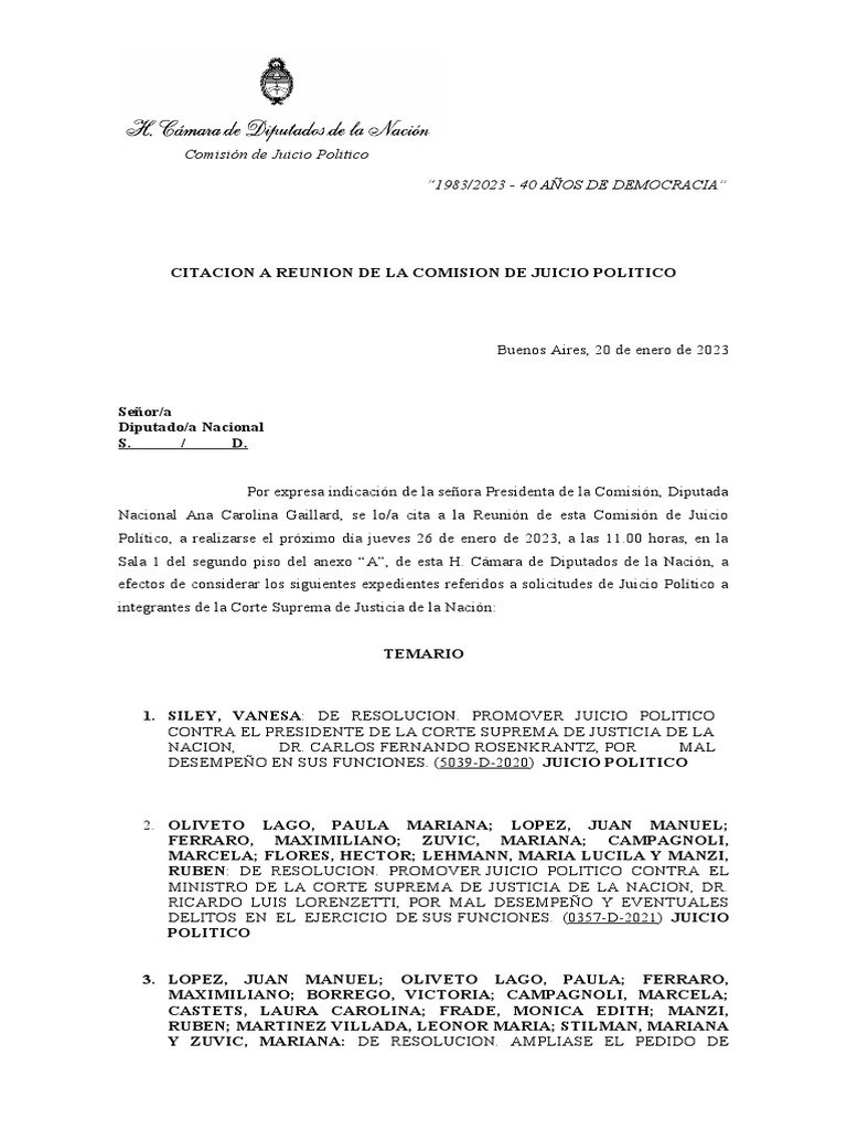 Citación A La Comisión de Juicio Político | PDF
