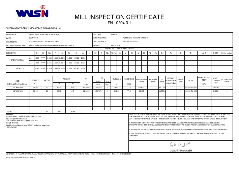 Mill Inspection Certificate: Changshu Walsin Specialty Steel Co.,Ltd | PDF