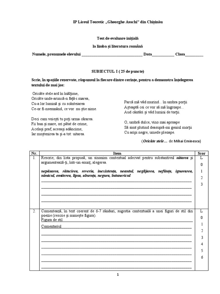 Test de Evaluare Initiala | PDF