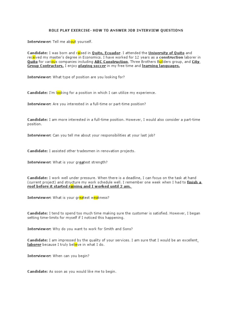 Role Play Exercise How To Answer Job Int PDF