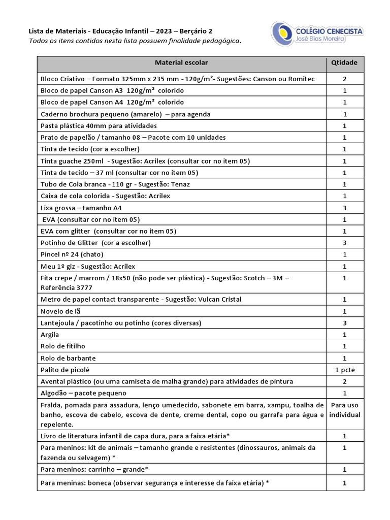 Lista de Material Berçário 2 - 2023 | PDF | Brinquedos | Bens de consumo