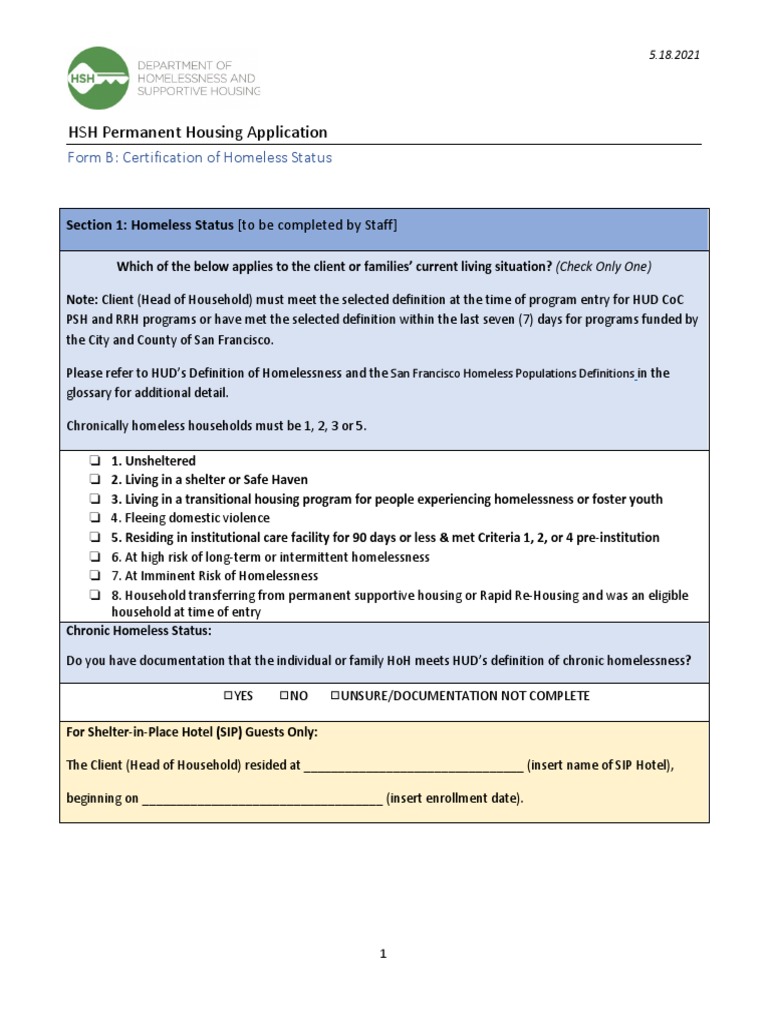 Homeless Status Certification Form | PDF | Homelessness | Signature