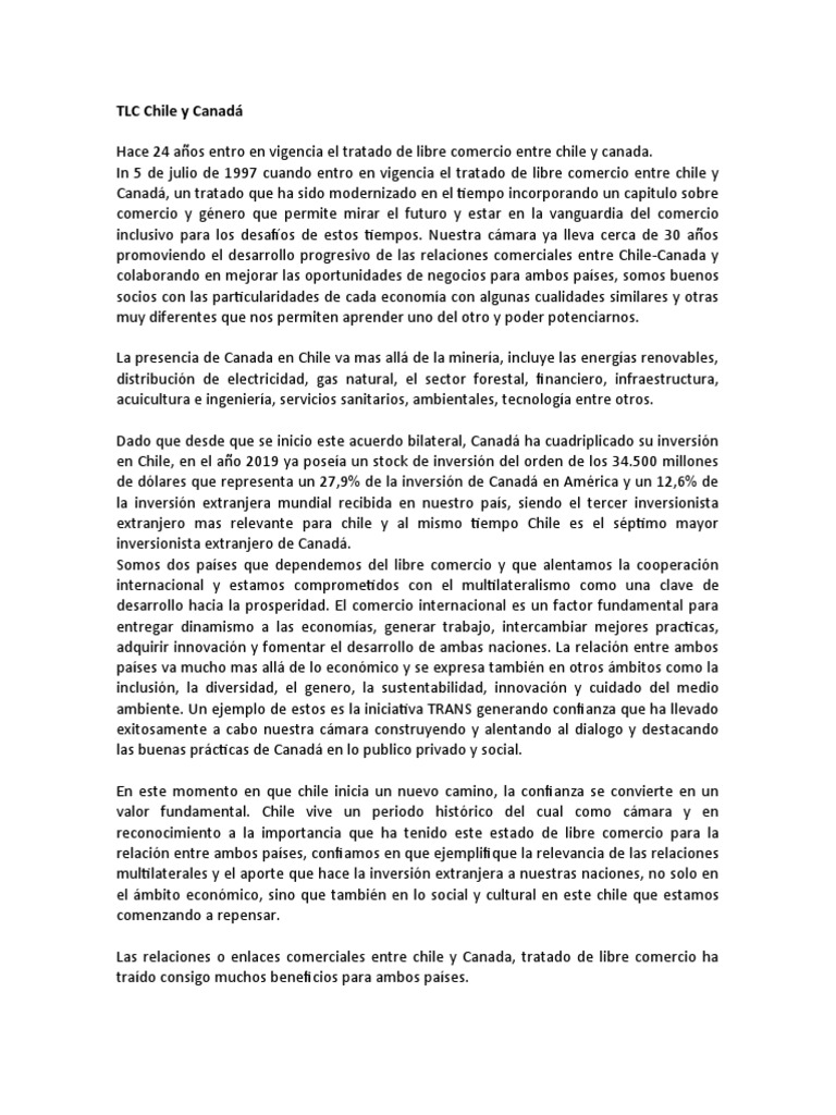 TLC Chile y Canadá Descargar gratis PDF Tratado de Libre Comercio