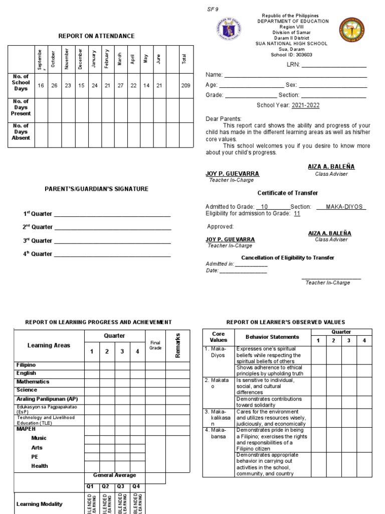 Correct Report Card SF9 | PDF | Psychology | Cognition