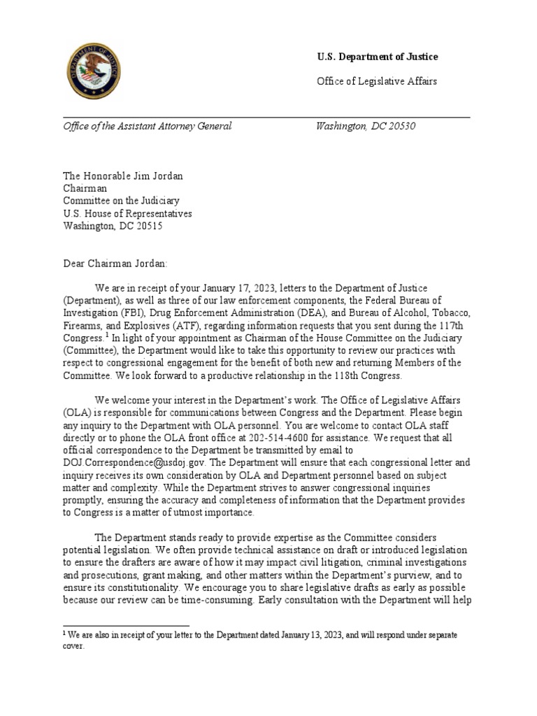 Doj Letter To Jim Jordan PDF United States Congress American