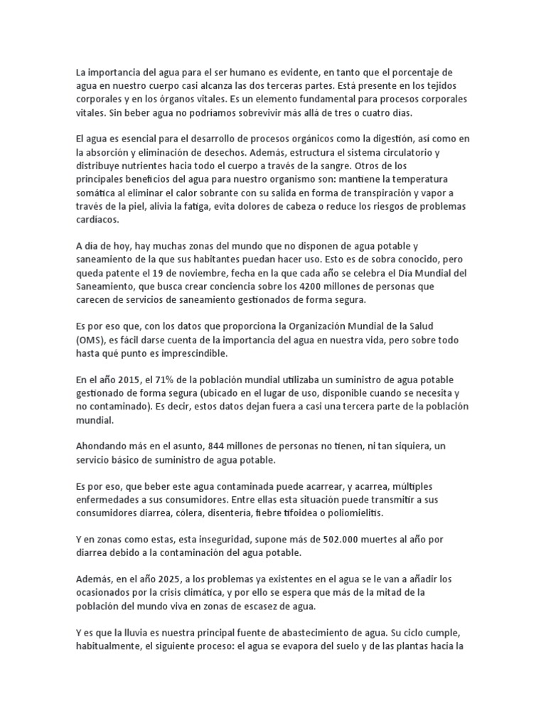 La Importancia Del Agua para El Ser Humano | PDF | Agua | Agua potable