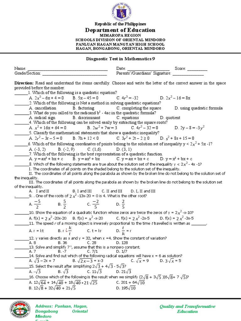 Diagnostic Test in Mathematics 9 | PDF | Rectangle | Geometric Shapes