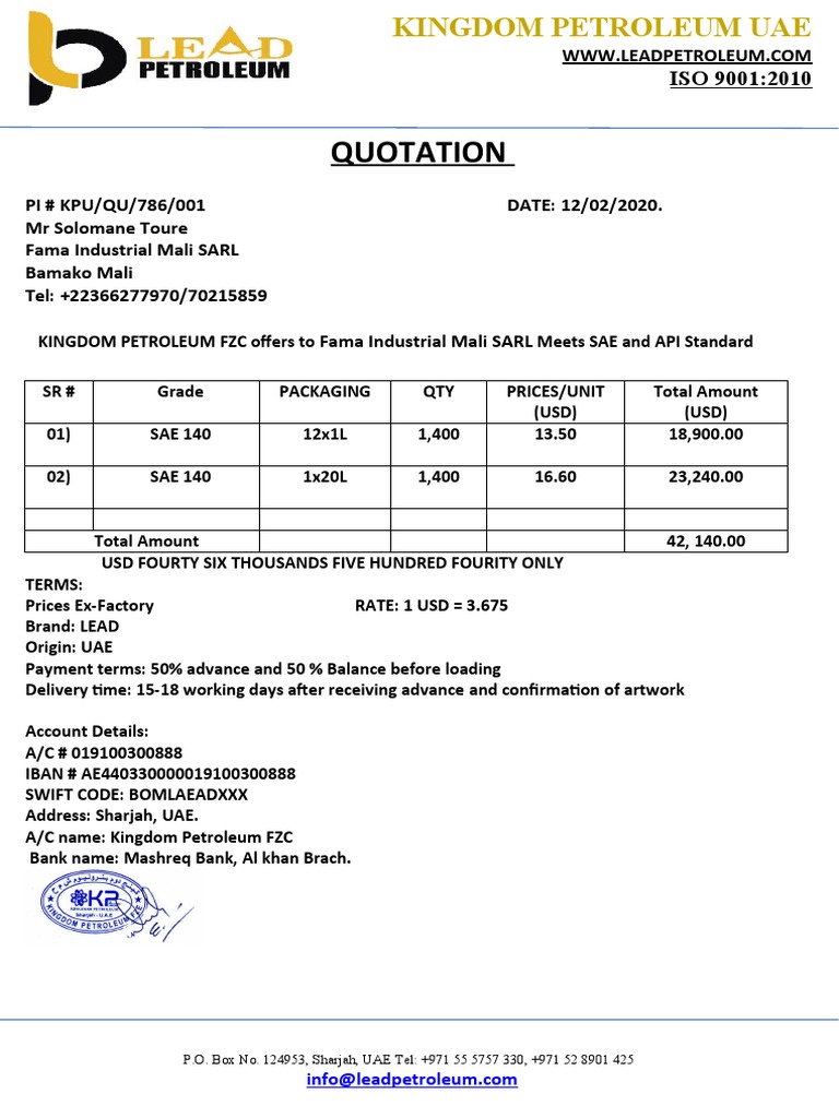 Kingdom Petroleum Quotation for Fama SARL | PDF