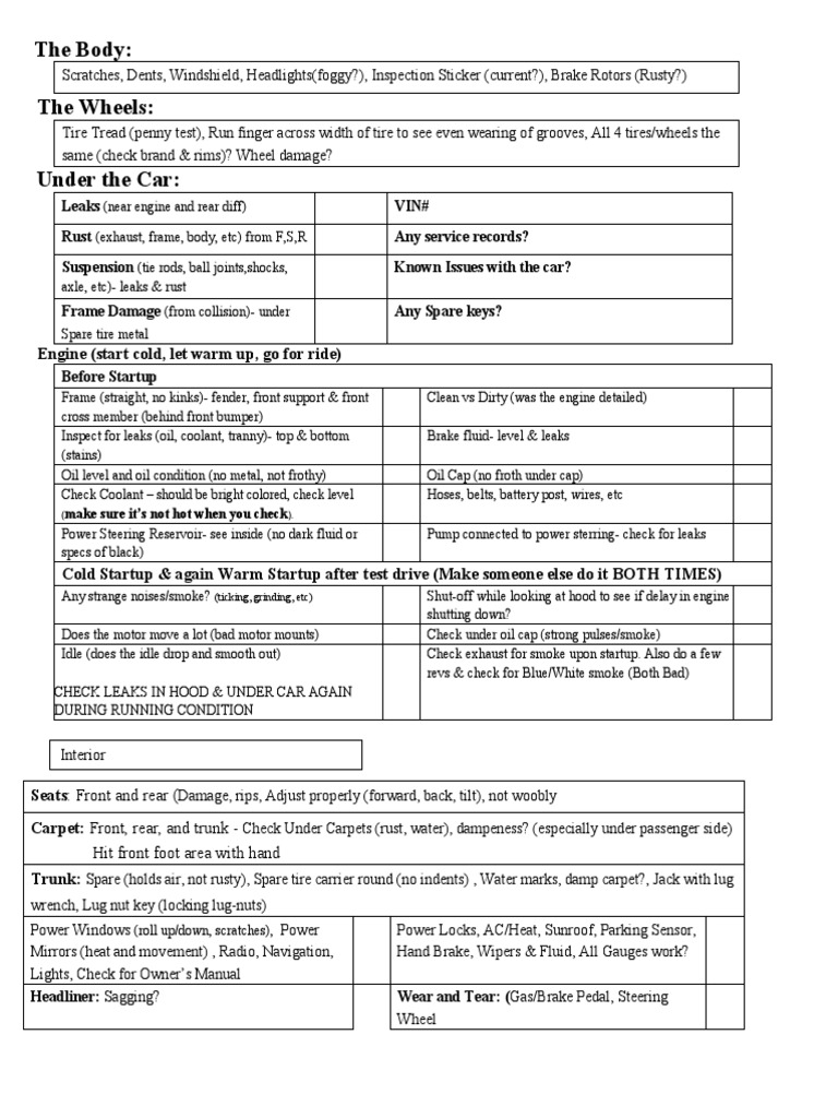 How To Inspect A Used Car Checklist FULL PDF Tire Brake