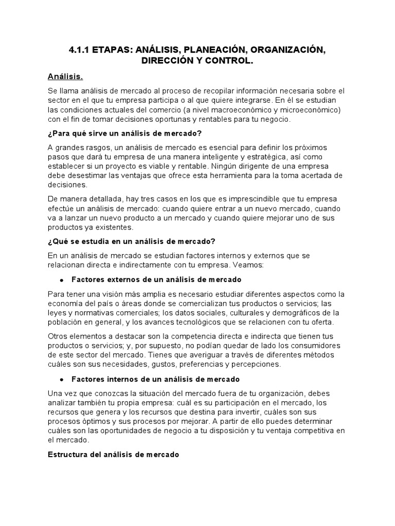 Etapas. Análisis, Planeación, Organización, Dirección y Control | PDF ...