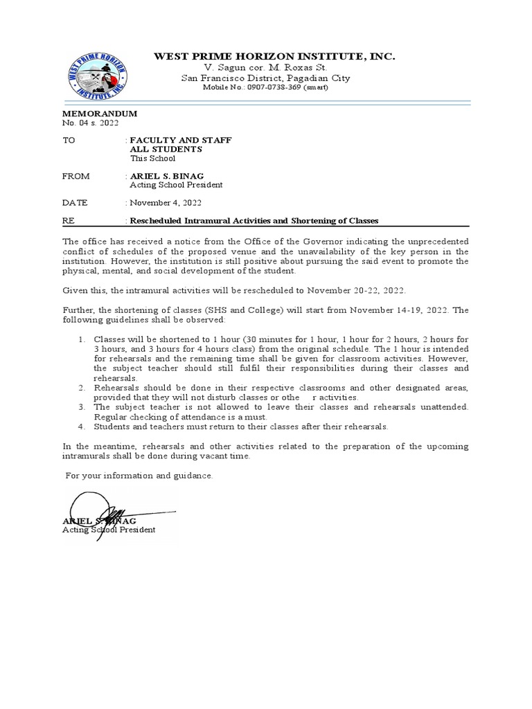 Memo For Intrams and Shortening of Classes PDF