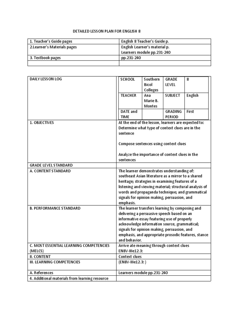 Detailed Lesson Plan For English 8 | PDF | Learning | Teachers