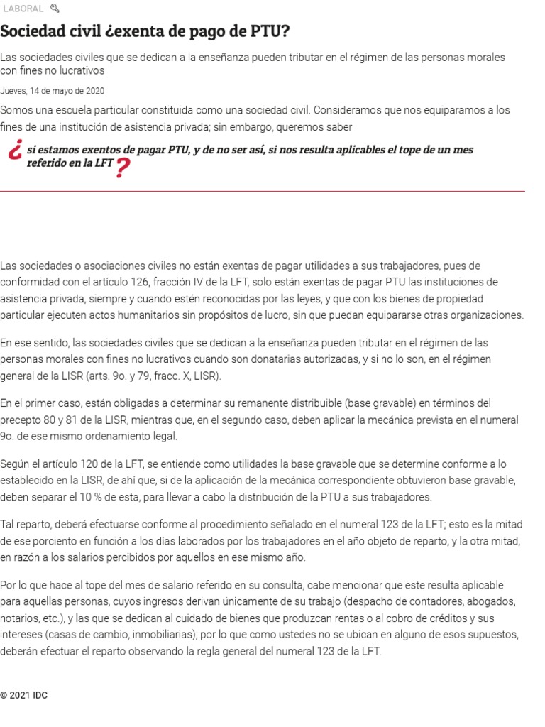 Sociedad Civil ¿Exenta de Pago de PTU - IDC - 200520 | PDF | Sociedad ...