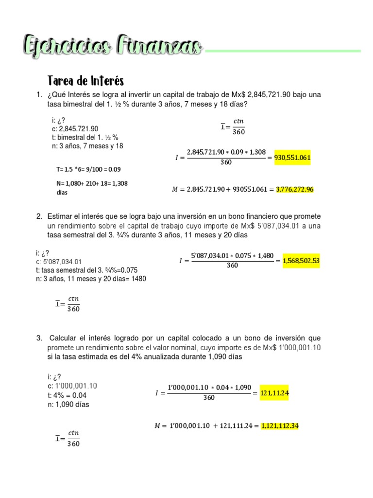 Ejemplos de Ejercicios de Finanzas Interes, Capital y Tiempo | PDF ...