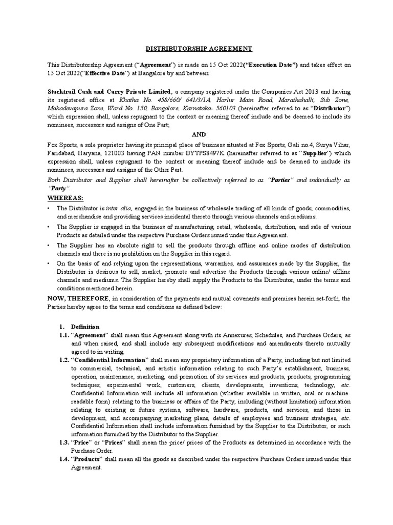 Distributorship Agreement Overview | PDF | Indemnity | Damages