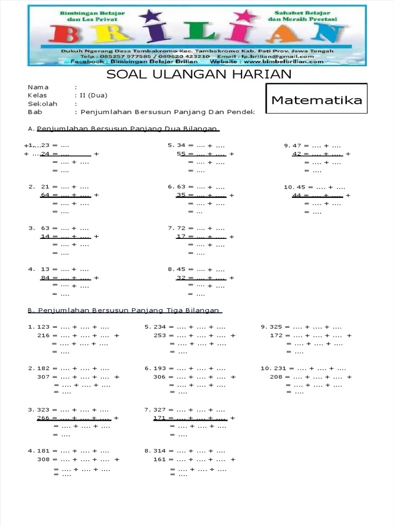 Pdf Soal Matematika Kelas 2 Sd Sub Bab 2 Penjumlahan Bersusun Panjang