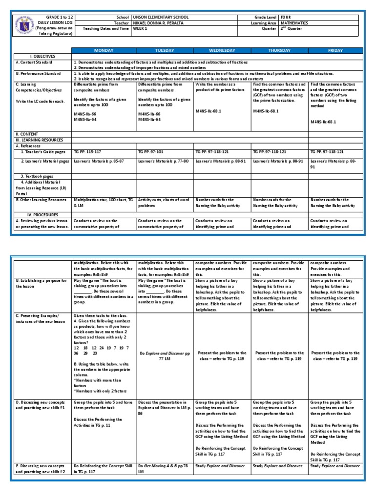 Grade 4 Math Lesson Plan | PDF | Learning | Flashcard