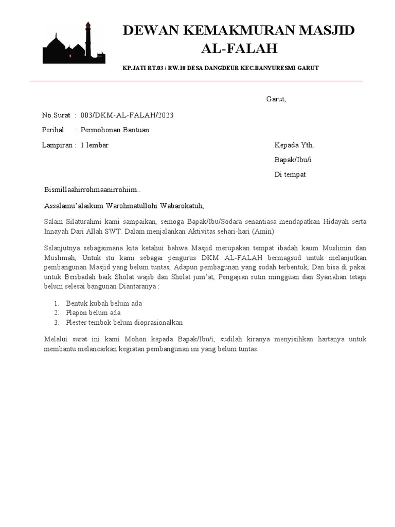 Permohonan Dana Pembangunan Masjid | PDF