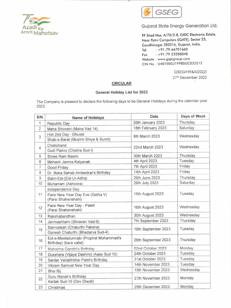 General Holiday List 2023 | PDF